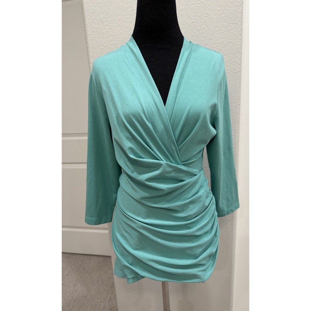 NWOT Peruvian Connection Aqua Green Faux-wrap Top Pima Cotton M 'Cyprus'